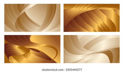 Wavy golden parallel gradient lines, ribbons, silk. Golden with shades of yellow background, banner, poster. Set of 4 backgrounds. Eps vector