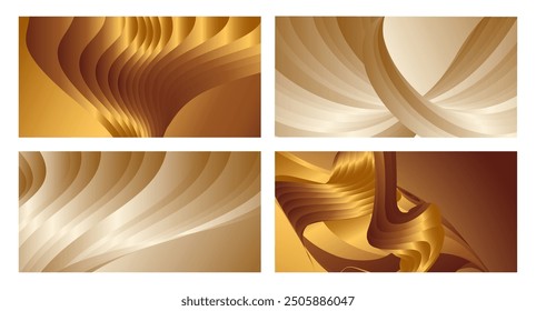 Wavy golden parallel gradient lines, ribbons, silk. Golden with shades of yellow background, banner, poster. Set of 4 backgrounds. Eps vector
