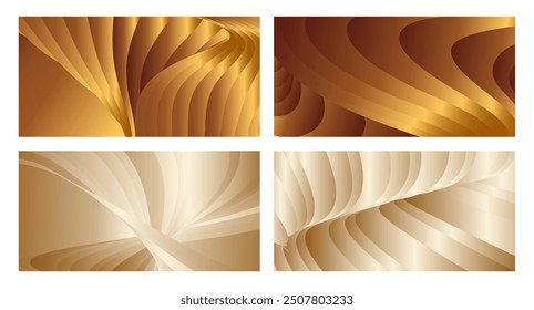 Wavy golden parallel gradient lines, ribbons, silk. Golden with shades of yellow background, banner, poster. Set of 4 backgrounds. Eps vector