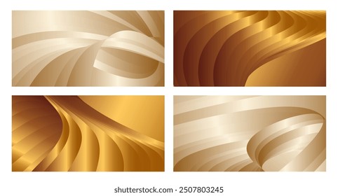 Wavy golden parallel gradient lines, ribbons, silk. Golden with shades of yellow background, banner, poster. Set of 4 backgrounds. Eps vector