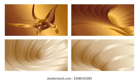 Wavy golden parallel gradient lines, ribbons, silk. Golden with shades of yellow background, banner, poster. Set of 4 backgrounds. Eps vector