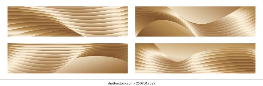 Wavy golden parallel gradient lines, ribbons, silk. Golden with shades of yellow background, banner, poster. Set of 4 backgrounds. Eps vector