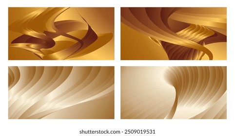 Wavy golden parallel gradient lines, ribbons, silk. Golden with shades of yellow background, banner, poster. Set of 4 backgrounds. Eps vector