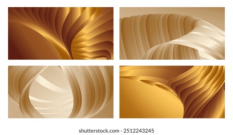 Wavy golden parallel gradient lines, ribbons, silk. Golden with shades of yellow background, banner, poster. Set of 4 backgrounds. Eps vector