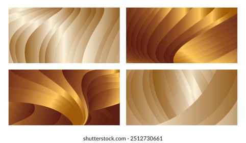 Wavy golden parallel gradient lines, ribbons, silk. Golden with shades of yellow background, banner, poster. Set of 4 backgrounds. Eps vector