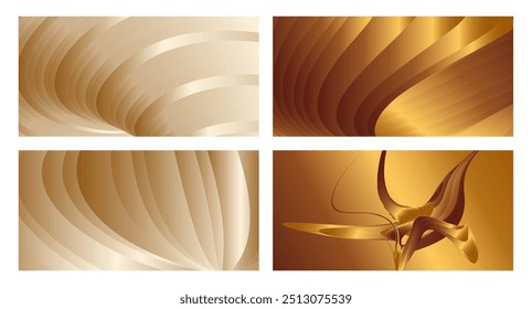 Wavy golden parallel gradient lines, ribbons, silk. Golden with shades of yellow background, banner, poster. Set of 4 backgrounds. Eps vector