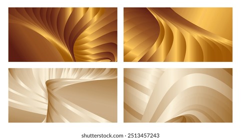 Wavy golden parallel gradient lines, ribbons, silk. Golden with shades of yellow background, banner, poster. Set of 4 backgrounds. Eps vector