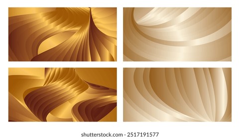 Wavy golden parallel gradient lines, ribbons, silk. Golden with shades of yellow background, banner, poster. Set of 4 backgrounds. Eps vector