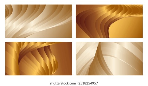 Wavy golden parallel gradient lines, ribbons, silk. Golden with shades of yellow background, banner, poster. Set of 4 backgrounds. Eps vector