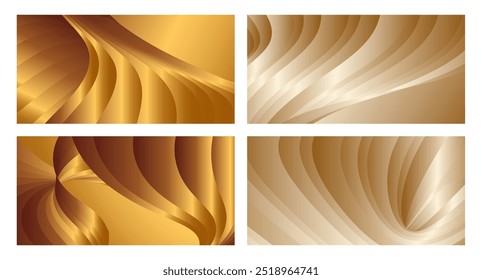 Wavy golden parallel gradient lines, ribbons, silk. Golden with shades of yellow background, banner, poster. Set of 4 backgrounds. Eps vector