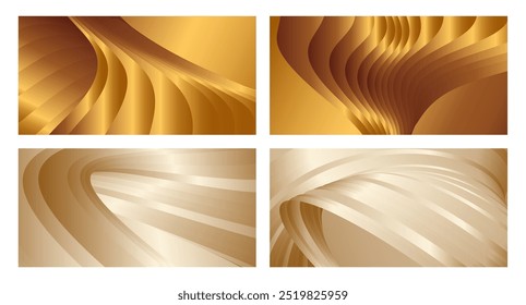 Wavy golden parallel gradient lines, ribbons, silk. Golden with shades of yellow background, banner, poster. Set of 4 backgrounds. Eps vector