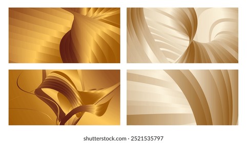 Wavy golden parallel gradient lines, ribbons, silk. Golden with shades of yellow background, banner, poster. Set of 4 backgrounds. Eps vector