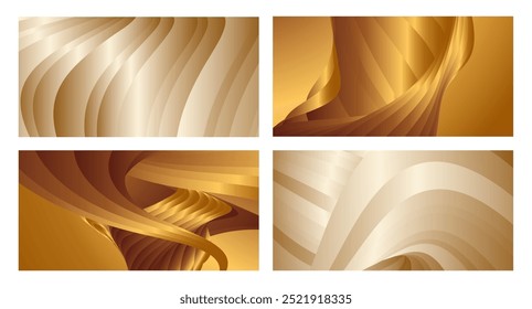 Wavy golden parallel gradient lines, ribbons, silk. Golden with shades of yellow background, banner, poster. Set of 4 backgrounds. Eps vector