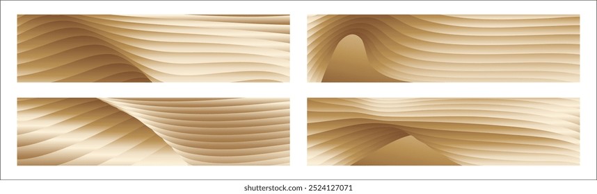 Wavy golden parallel gradient lines, ribbons, silk. Golden with shades of yellow background, banner, poster. Set of 4 backgrounds. Eps vector