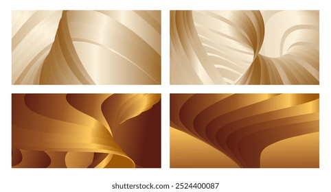 Wavy golden parallel gradient lines, ribbons, silk. Golden with shades of yellow background, banner, poster. Set of 4 backgrounds. Eps vector