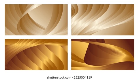 Wavy golden parallel gradient lines, ribbons, silk. Golden with shades of yellow background, banner, poster. Set of 4 backgrounds. Eps vector