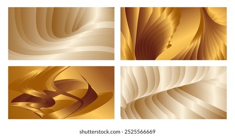 Wavy golden parallel gradient lines, ribbons, silk. Golden with shades of yellow background, banner, poster. Set of 4 backgrounds. Eps vector