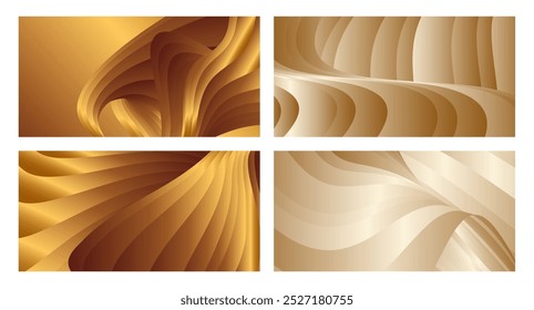 Wavy golden parallel gradient lines, ribbons, silk. Golden with shades of yellow background, banner, poster. Set of 4 backgrounds. Eps vector