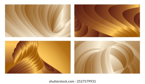 Wavy golden parallel gradient lines, ribbons, silk. Golden with shades of yellow background, banner, poster. Set of 4 backgrounds. Eps vector