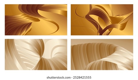 Wavy golden parallel gradient lines, ribbons, silk. Golden with shades of yellow background, banner, poster. Set of 4 backgrounds. Eps vector