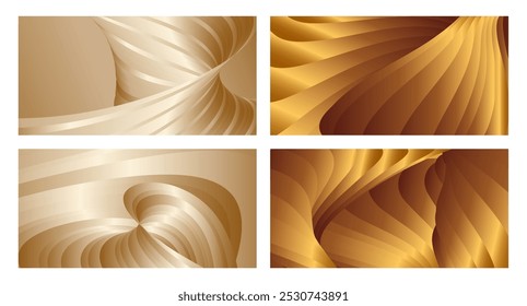 Wavy golden parallel gradient lines, ribbons, silk. Golden with shades of yellow background, banner, poster. Set of 4 backgrounds. Eps vector
