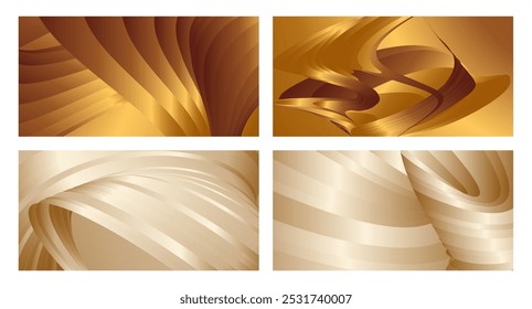 Linhas de gradiente paralelas douradas onduladas, fitas, seda. Dourado com tons de fundo amarelo, faixa, cartaz. Conjunto de 4 fundos. Vetor Eps