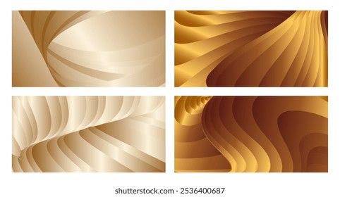Wavy golden parallel gradient lines, ribbons, silk. Golden with shades of yellow background, banner, poster. Set of 4 backgrounds. Eps vector