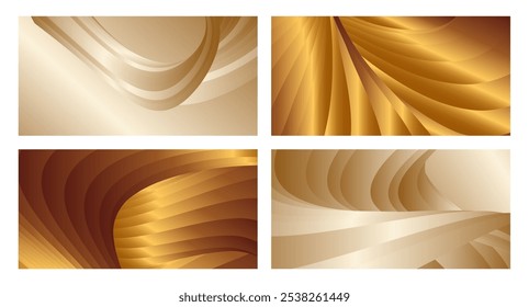 Wavy golden parallel gradient lines, ribbons, silk. Golden with shades of yellow background, banner, poster. Set of 4 backgrounds. Eps vector