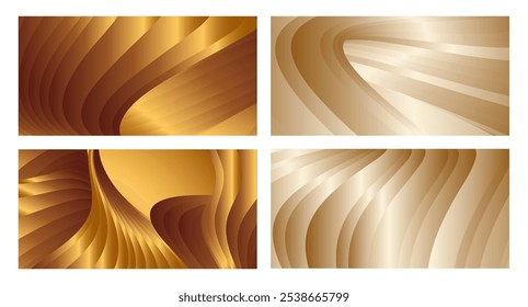 Wavy golden parallel gradient lines, ribbons, silk. Golden with shades of yellow background, banner, poster. Set of 4 backgrounds. Eps vector