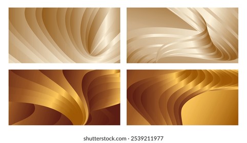 Wavy golden parallel gradient lines, ribbons, silk. Golden with shades of yellow background, banner, poster. Set of 4 backgrounds. Eps vector