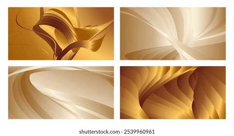 Wavy golden parallel gradient lines, ribbons, silk. Golden with shades of yellow background, banner, poster. Set of 4 backgrounds. Eps vector