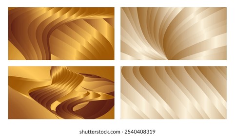 Wavy golden parallel gradient lines, ribbons, silk. Golden with shades of yellow background, banner, poster. Set of 4 backgrounds. Eps vector