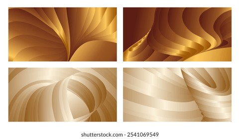 Wavy golden parallel gradient lines, ribbons, silk. Golden with shades of yellow background, banner, poster. Set of 4 backgrounds. Eps vector