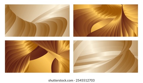 Wavy golden parallel gradient lines, ribbons, silk. Golden with shades of yellow background, banner, poster. Set of 4 backgrounds. Eps vector