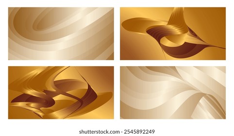 Wavy golden parallel gradient lines, ribbons, silk. Golden with shades of yellow background, banner, poster. Set of 4 backgrounds. Eps vector