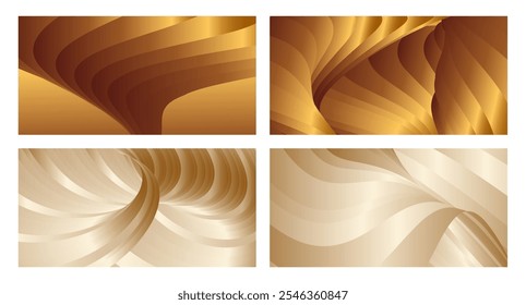 Wavy golden parallel gradient lines, ribbons, silk. Golden with shades of yellow background, banner, poster. Set of 4 backgrounds. Eps vector