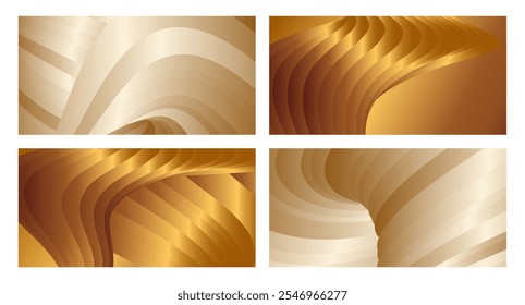 Wavy golden parallel gradient lines, ribbons, silk. Golden with shades of yellow background, banner, poster. Set of 4 backgrounds. Eps vector