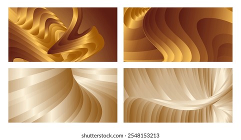 Wavy golden parallel gradient lines, ribbons, silk. Golden with shades of yellow background, banner, poster. Set of 4 backgrounds. Eps vector