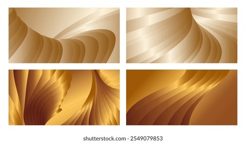 Wavy golden parallel gradient lines, ribbons, silk. Golden with shades of yellow background, banner, poster. Set of 4 backgrounds. Eps vector