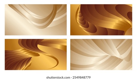 Wavy golden parallel gradient lines, ribbons, silk. Golden with shades of yellow background, banner, poster. Set of 4 backgrounds. Eps vector