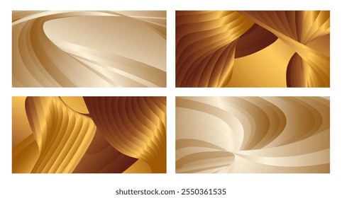 Wavy golden parallel gradient lines, ribbons, silk. Golden with shades of yellow background, banner, poster. Set of 4 backgrounds. Eps vector