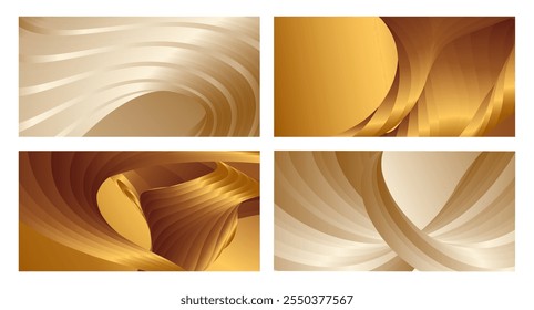 Wavy golden parallel gradient lines, ribbons, silk. Golden with shades of yellow background, banner, poster. Set of 4 backgrounds. Eps vector