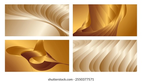 Wavy golden parallel gradient lines, ribbons, silk. Golden with shades of yellow background, banner, poster. Set of 4 backgrounds. Eps vector