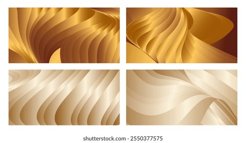 Wavy golden parallel gradient lines, ribbons, silk. Golden with shades of yellow background, banner, poster. Set of 4 backgrounds. Eps vector