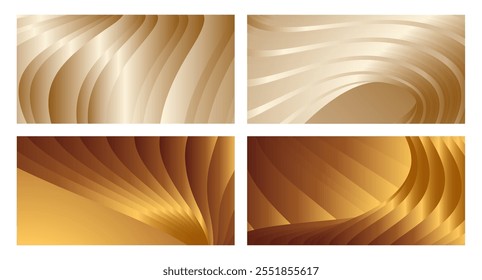 Wavy golden parallel gradient lines, ribbons, silk. Golden with shades of yellow background, banner, poster. Set of 4 backgrounds. Eps vector