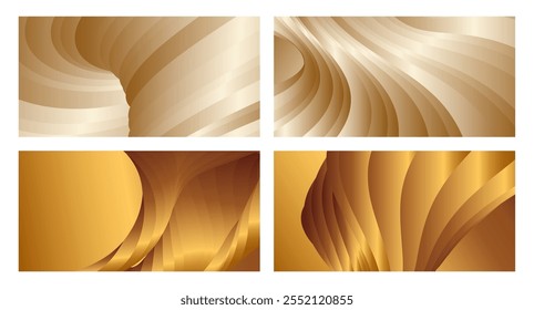 Wavy golden parallel gradient lines, ribbons, silk. Golden with shades of yellow background, banner, poster. Set of 4 backgrounds. Eps vector