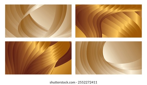 Wavy golden parallel gradient lines, ribbons, silk. Golden with shades of yellow background, banner, poster. Set of 4 backgrounds. Eps vector