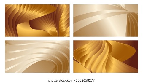 Wavy golden parallel gradient lines, ribbons, silk. Golden with shades of yellow background, banner, poster. Set of 4 backgrounds. Eps vector