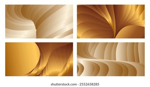 Wavy golden parallel gradient lines, ribbons, silk. Golden with shades of yellow background, banner, poster. Set of 4 backgrounds. Eps vector