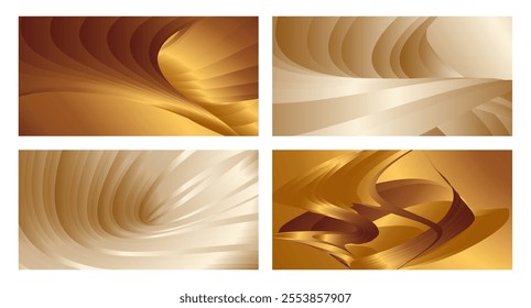 Wavy golden parallel gradient lines, ribbons, silk. Golden with shades of yellow background, banner, poster. Set of 4 backgrounds. Eps vector